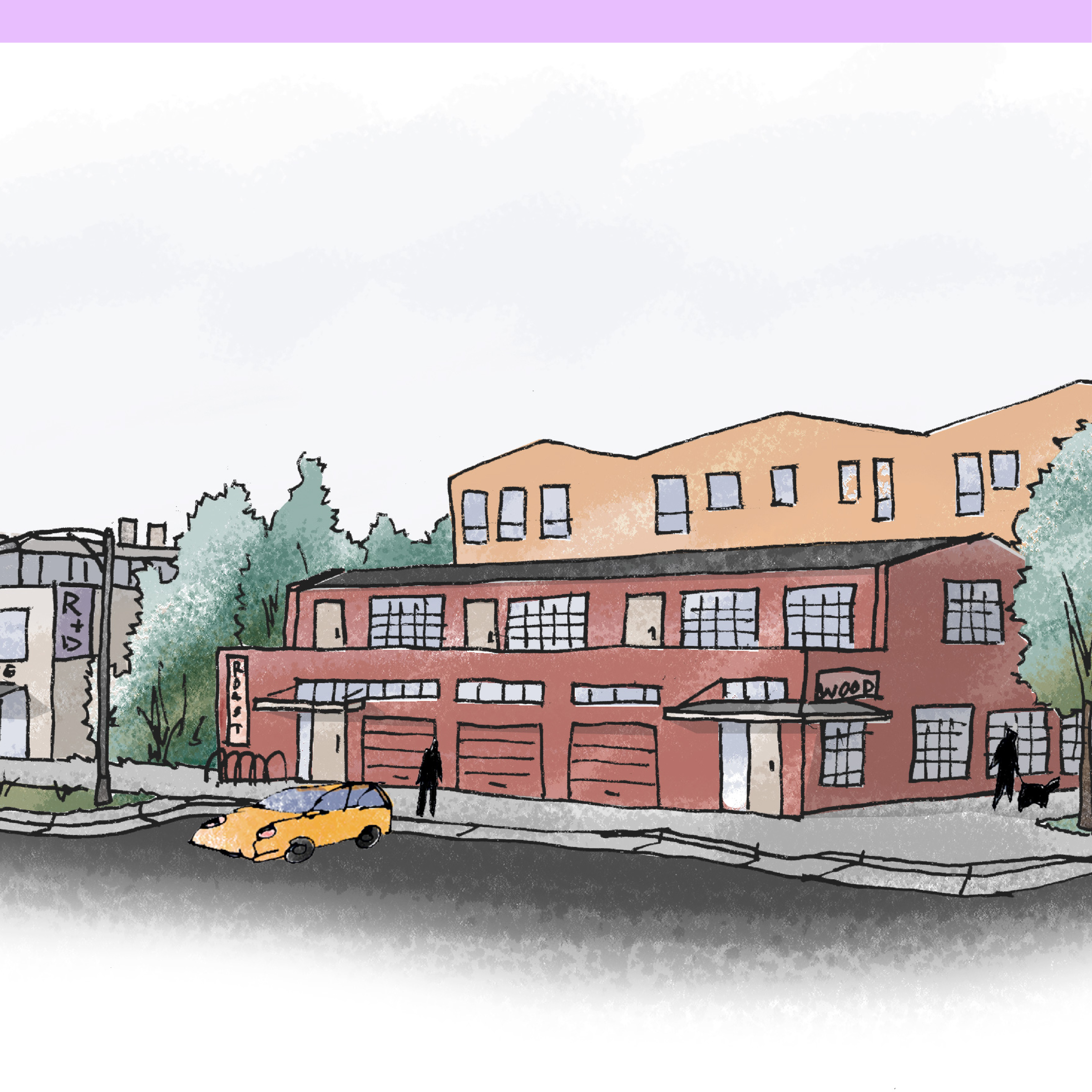 Sketch of a street corner with buildings that are two to four stories. One building has a tall first floor with garage doors and residential above it. The other buildings have floors of varying heights with research and development space and office and other industrial space. 