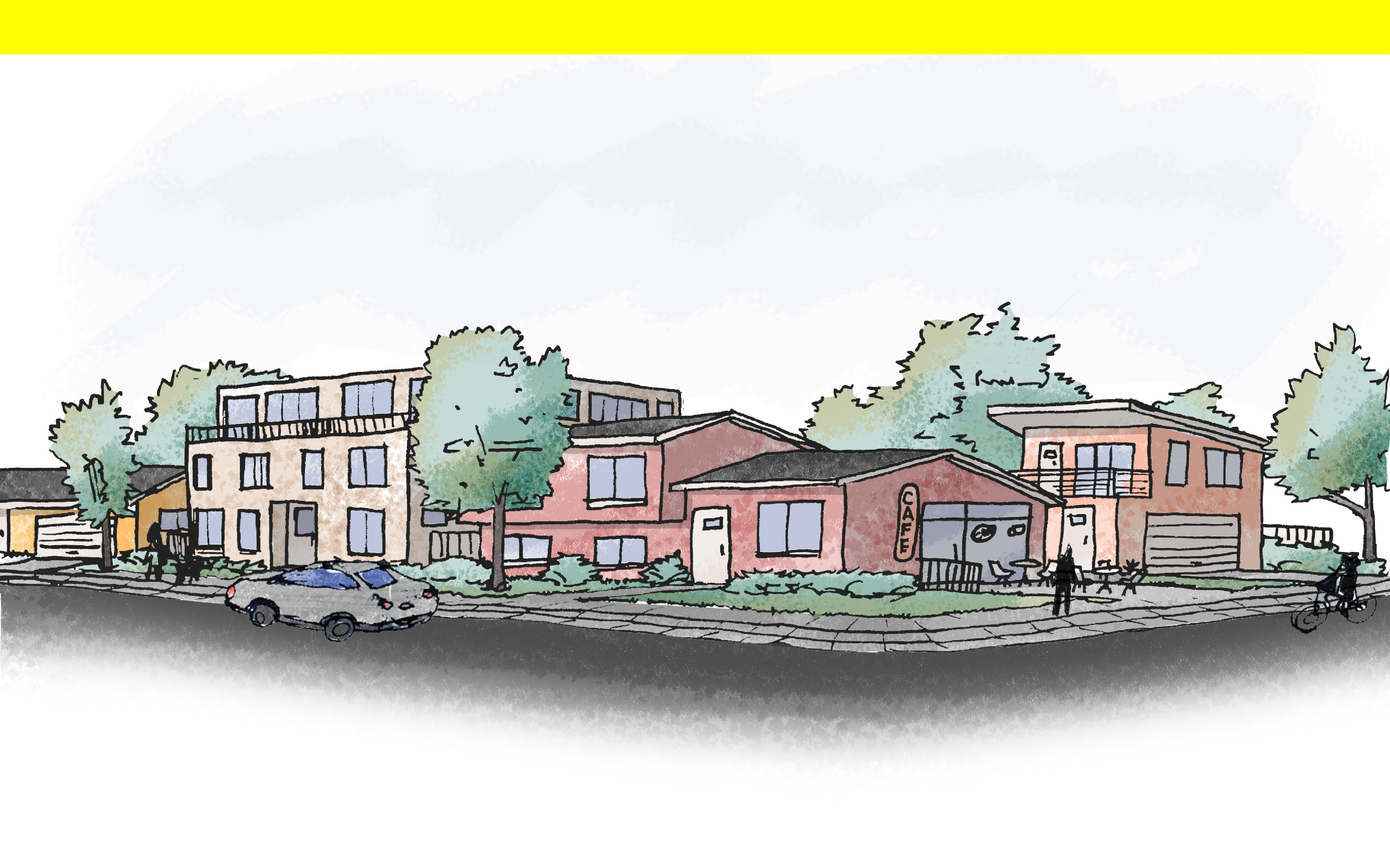 Sketch of a street corner showing two to three story buildings. There are a mix of housing types and a garage that has been converted into a cafe.