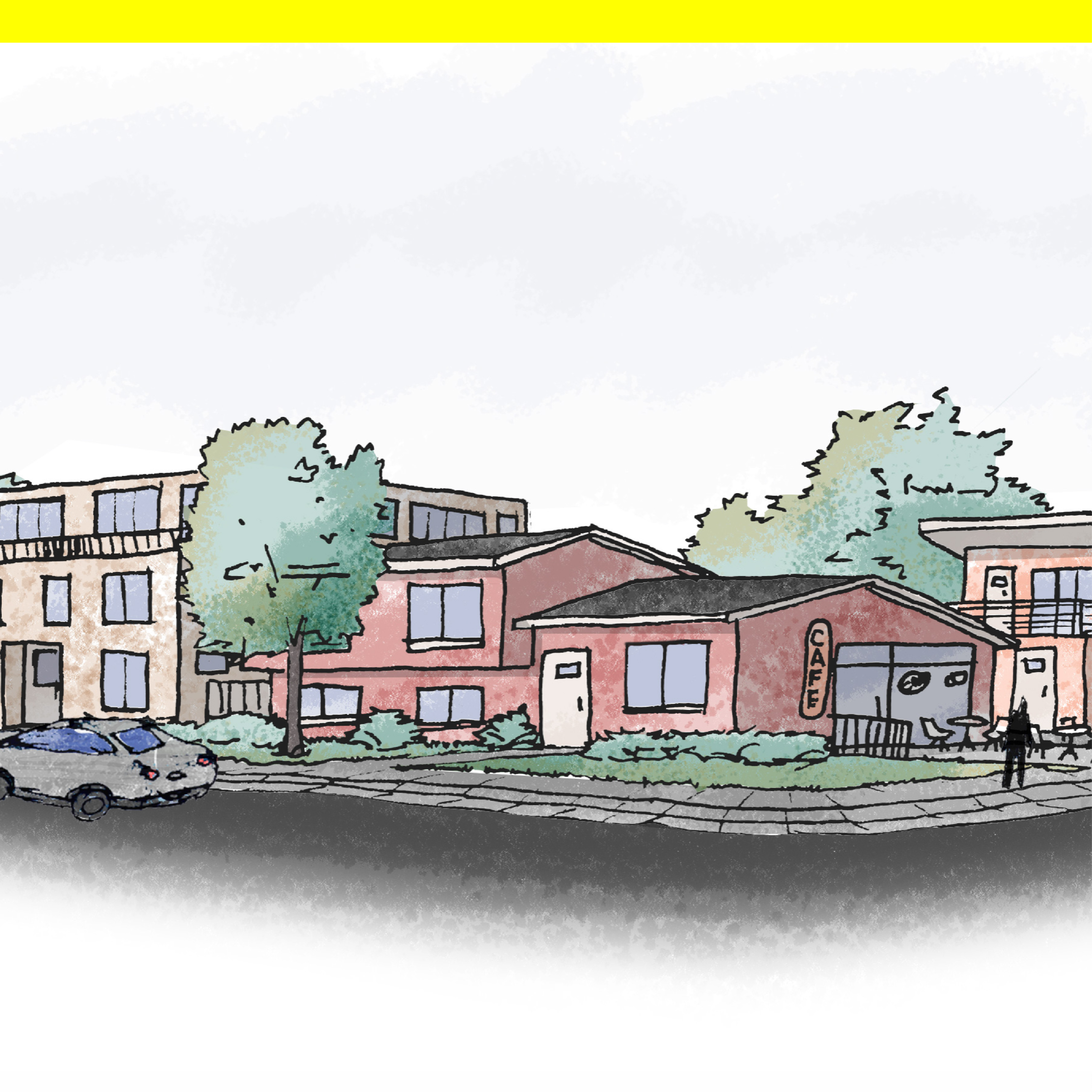 Sketch of a street corner showing two to three story buildings. There are a mix of housing types and a garage that has been converted into a cafe.
