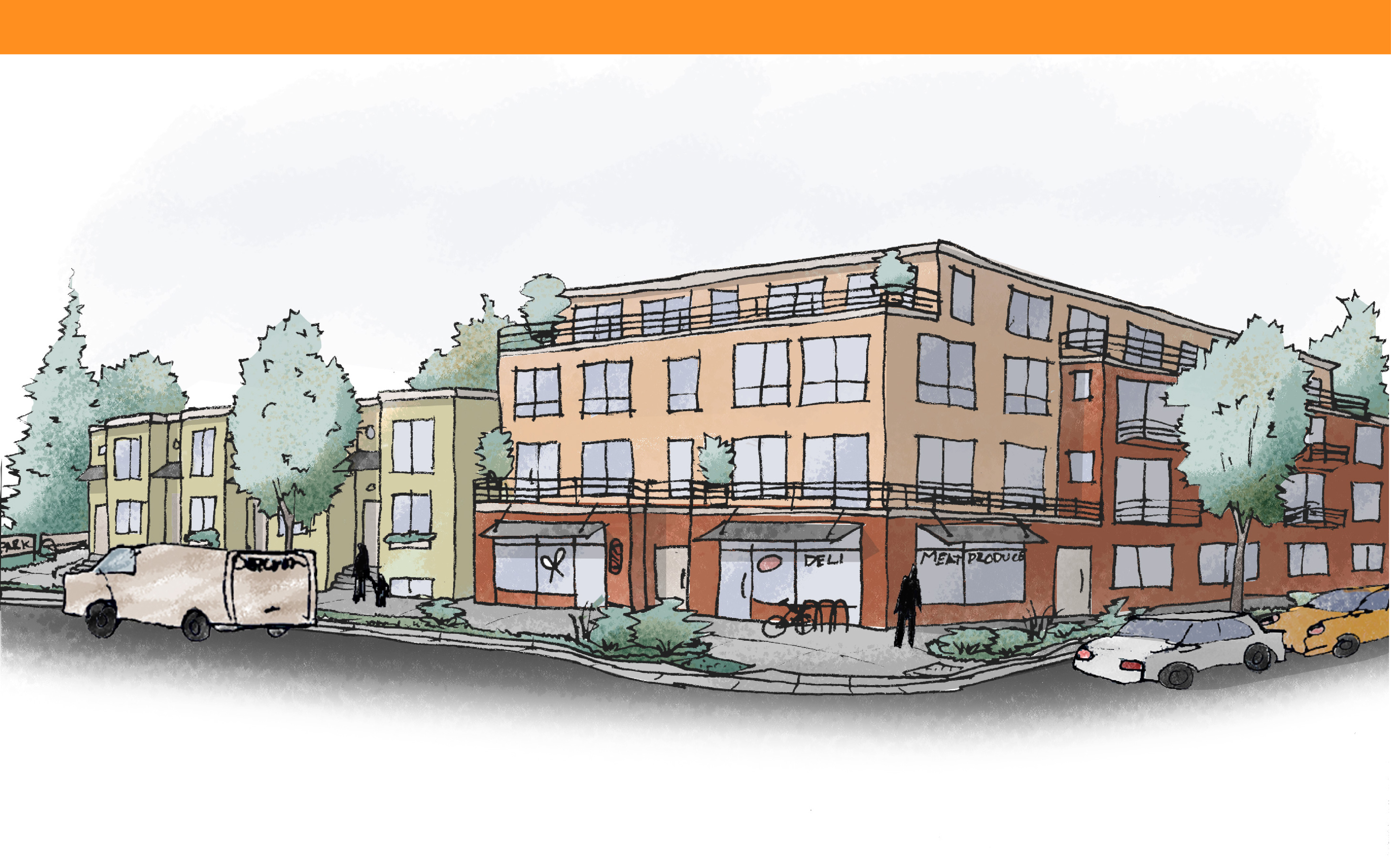 Sketch of a street corner with three and four story buildings. They take up the majority of the lot footprints. There is an apartment building with a deli and barbershop on the ground floor. There is a four unit town home next to it.