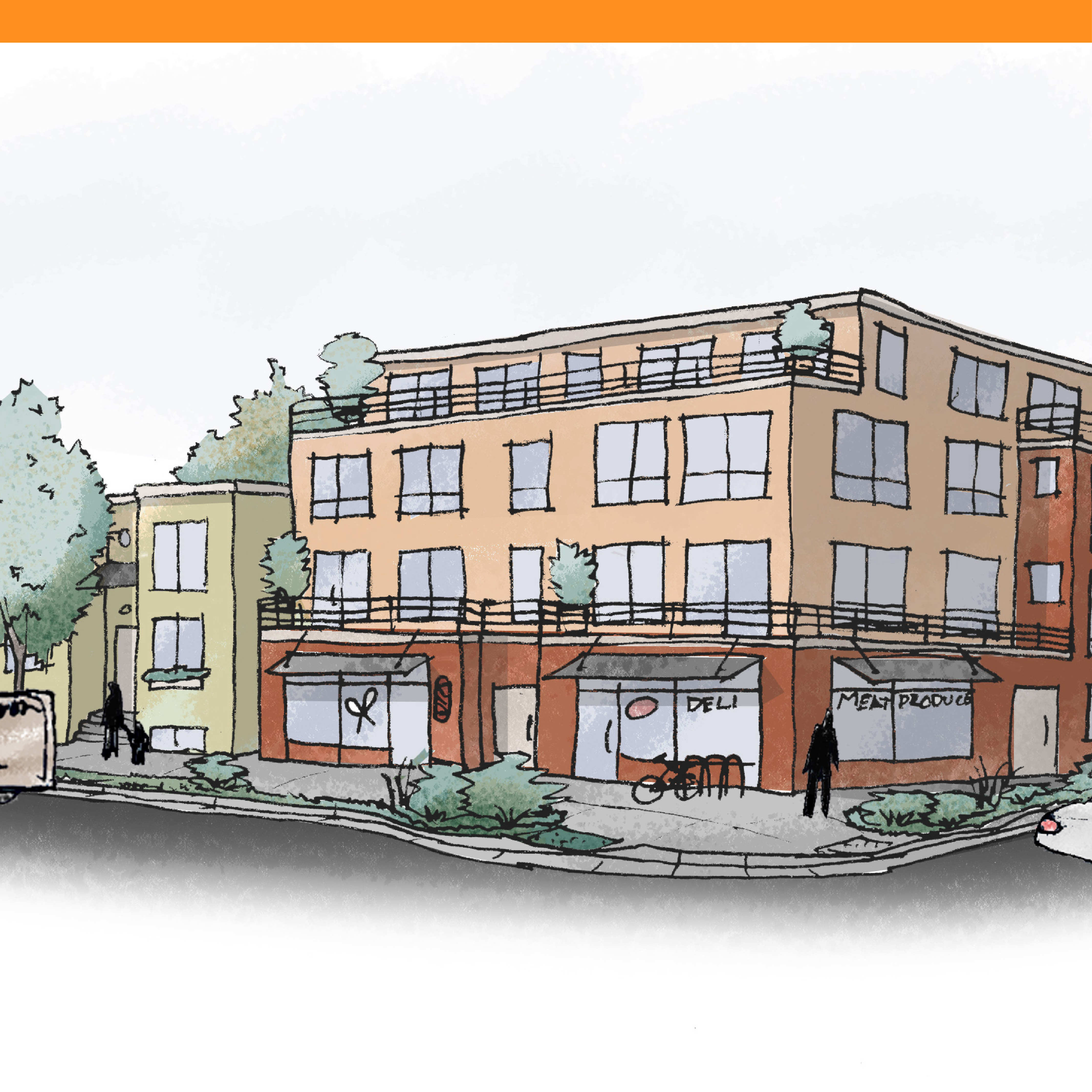 Sketch of a street corner with three and four story buildings. They take up the majority of the lot footprints. There is an apartment building with a deli and barbershop on the ground floor. There is a four unit town home next to it.