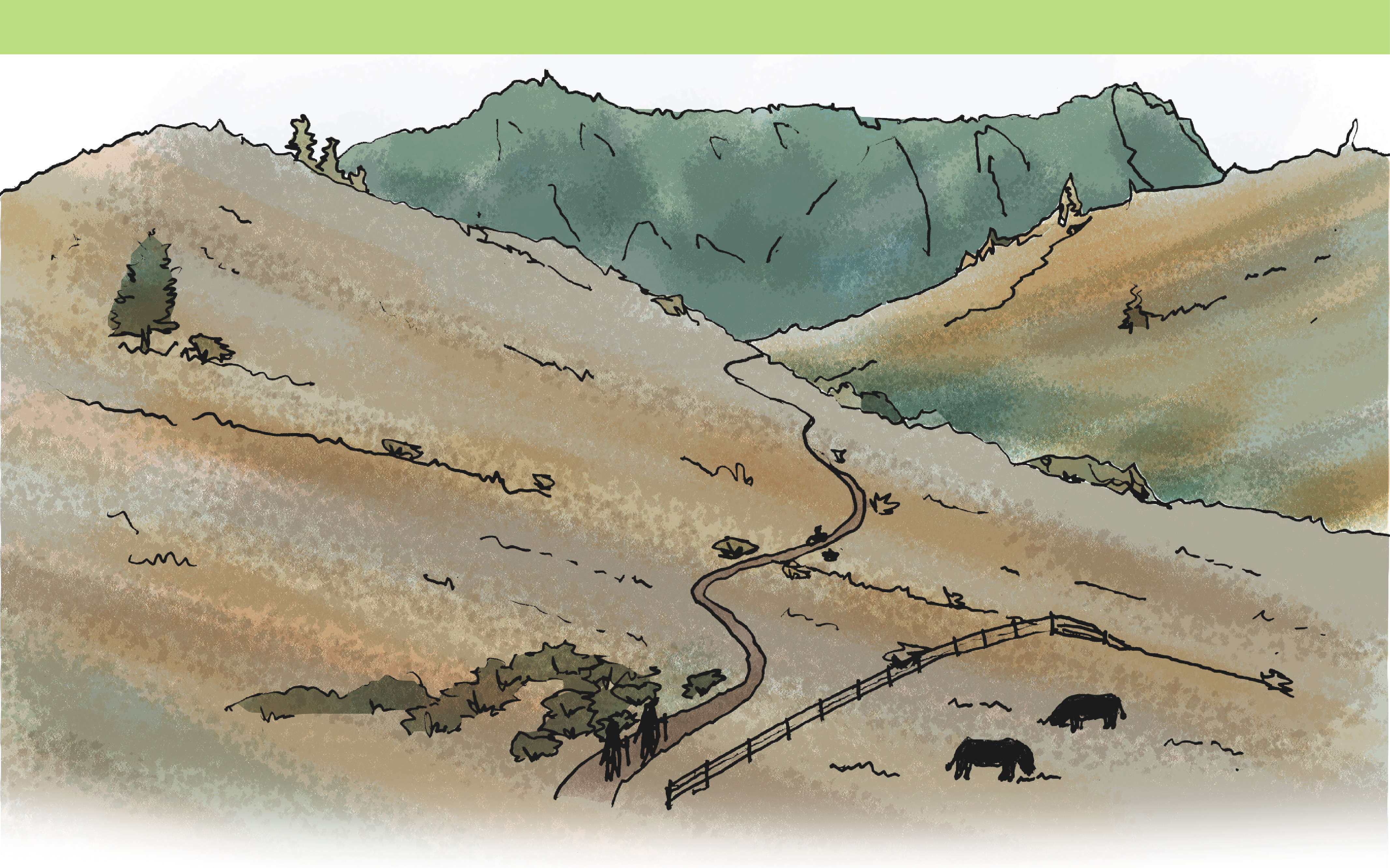Sketch of hills with a walking and biking path and a pasture with cows.