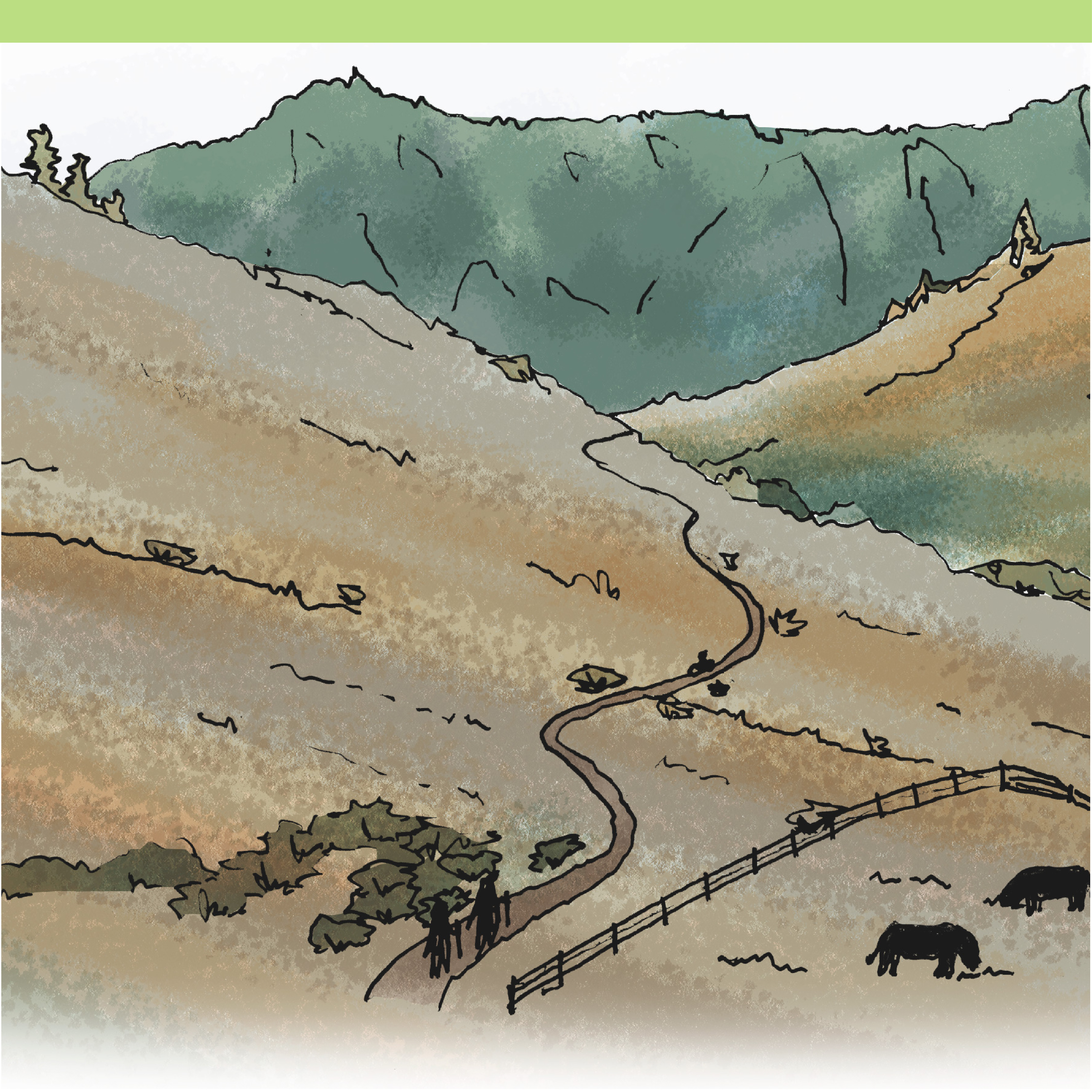 Sketch of hills with a walking and biking path and a pasture with cows.