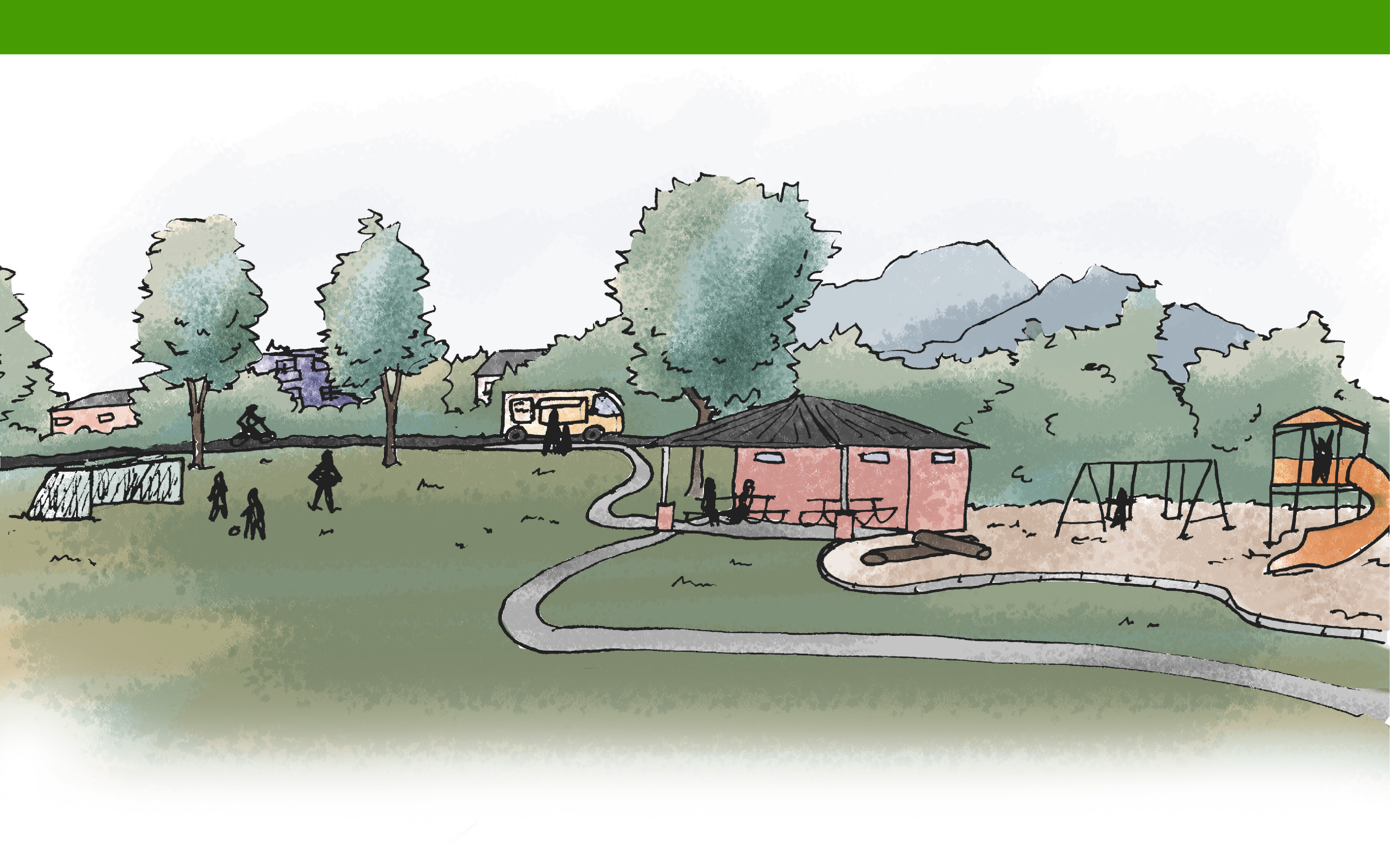 Sketch of a park with a grassy field and soccer goal, a walking path, a picnic pavilion, swings and a slide. there is a food truck parked in the park as well. 