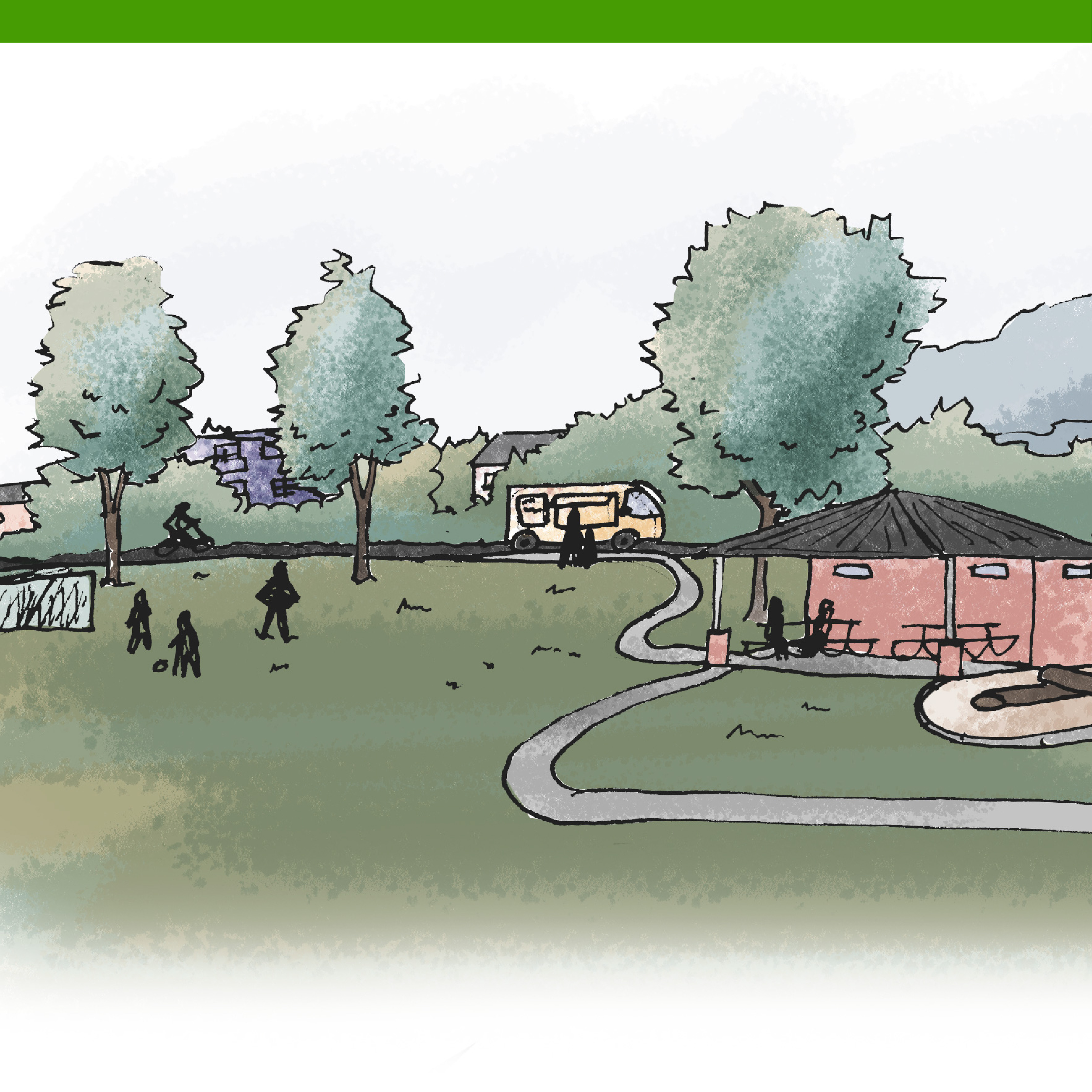 Sketch of a park with a grassy field and soccer goal, a walking path, a picnic pavilion, swings and a slide. there is a food truck parked in the park as well. 