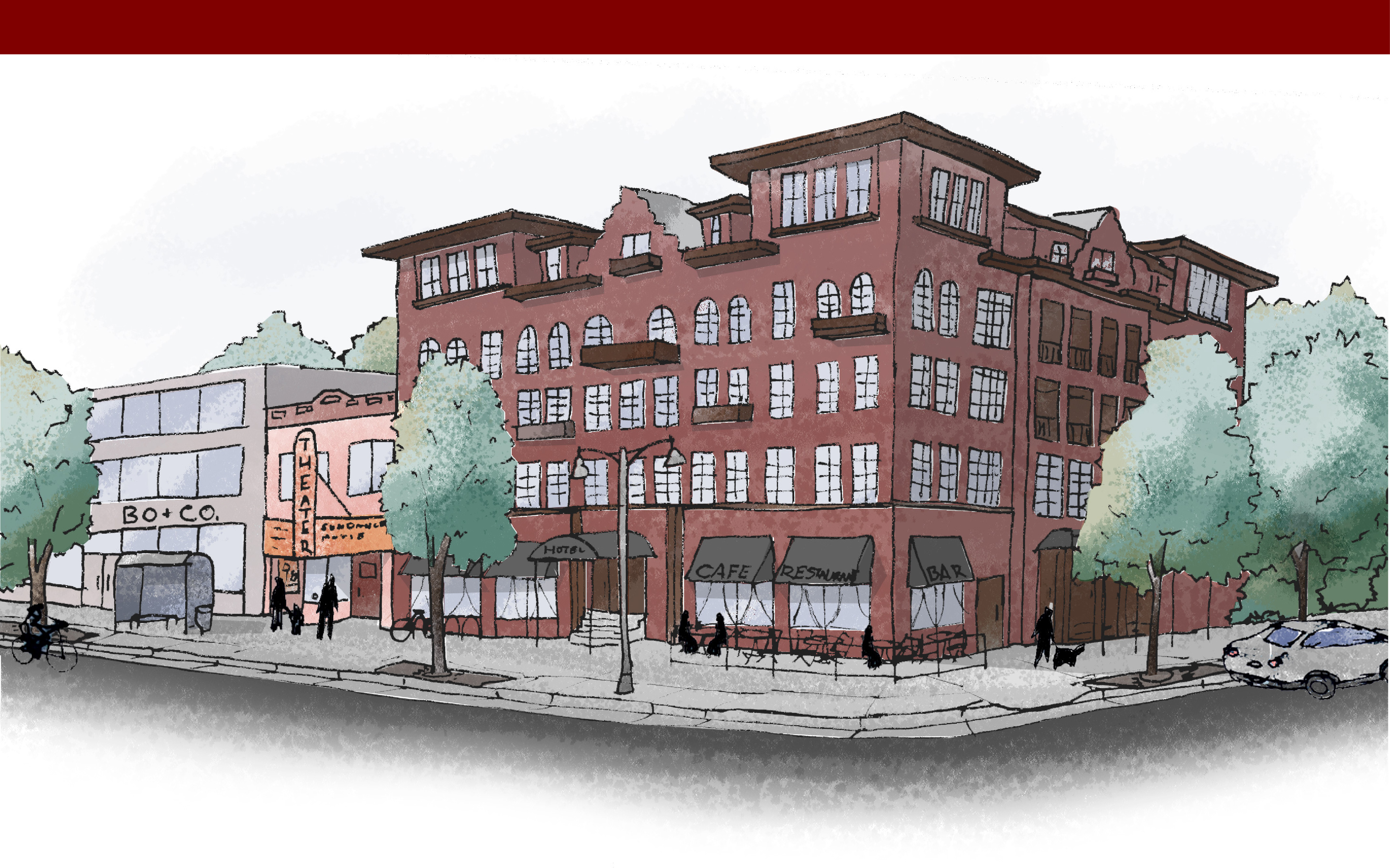 Sketch of a street corner with a five story building taking up most of the frame, then a mix of 2 and three story buildings. There is a cafe with outdoor seating, a theater, and a retail store on the ground floors with a mix of offices and apartments on upper stories. 