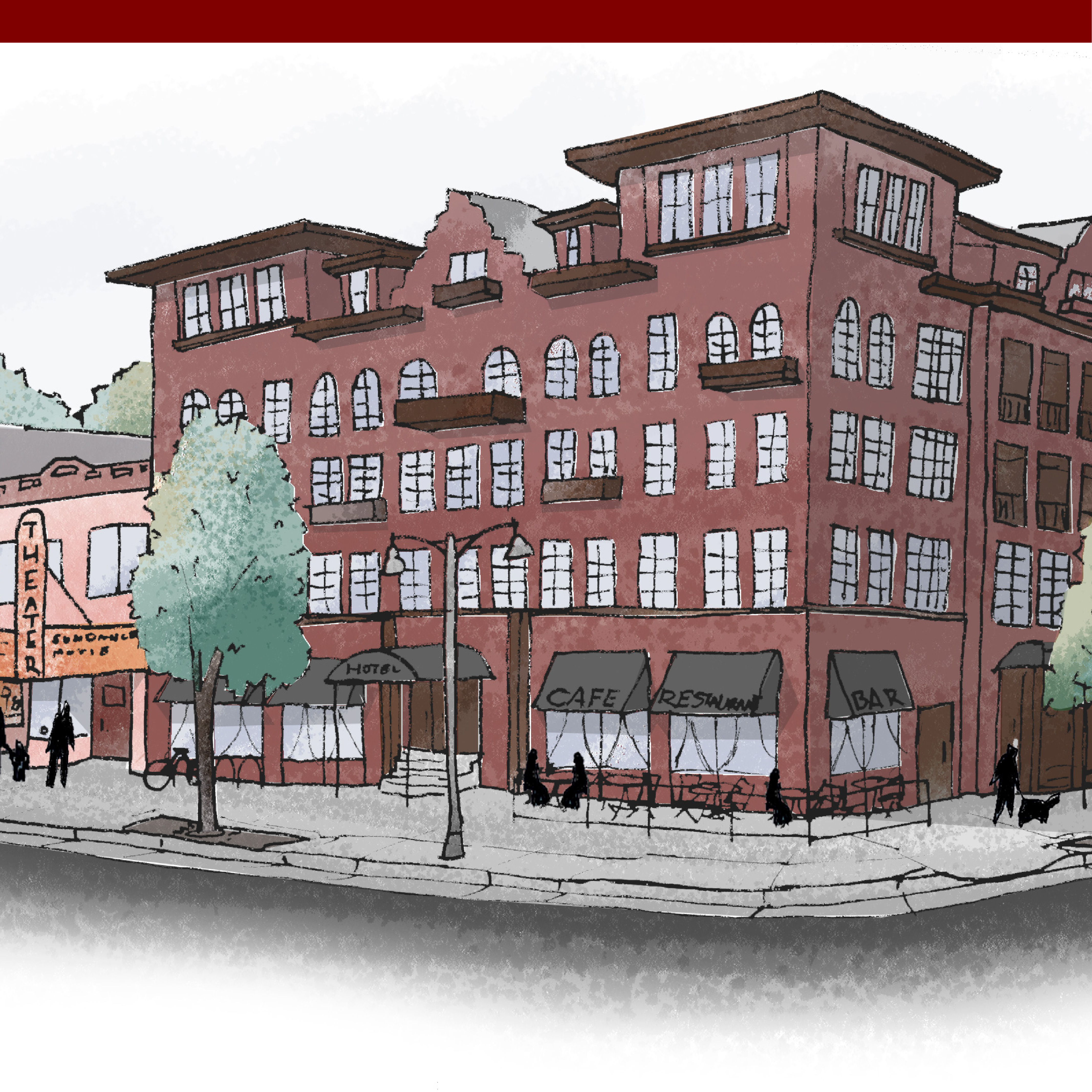 Sketch of a street corner with a five story building taking up most of the frame, then a mix of 2 and three story buildings. There is a cafe with outdoor seating, a theater, and a retail store on the ground floors with a mix of offices and apartments on upper stories. 