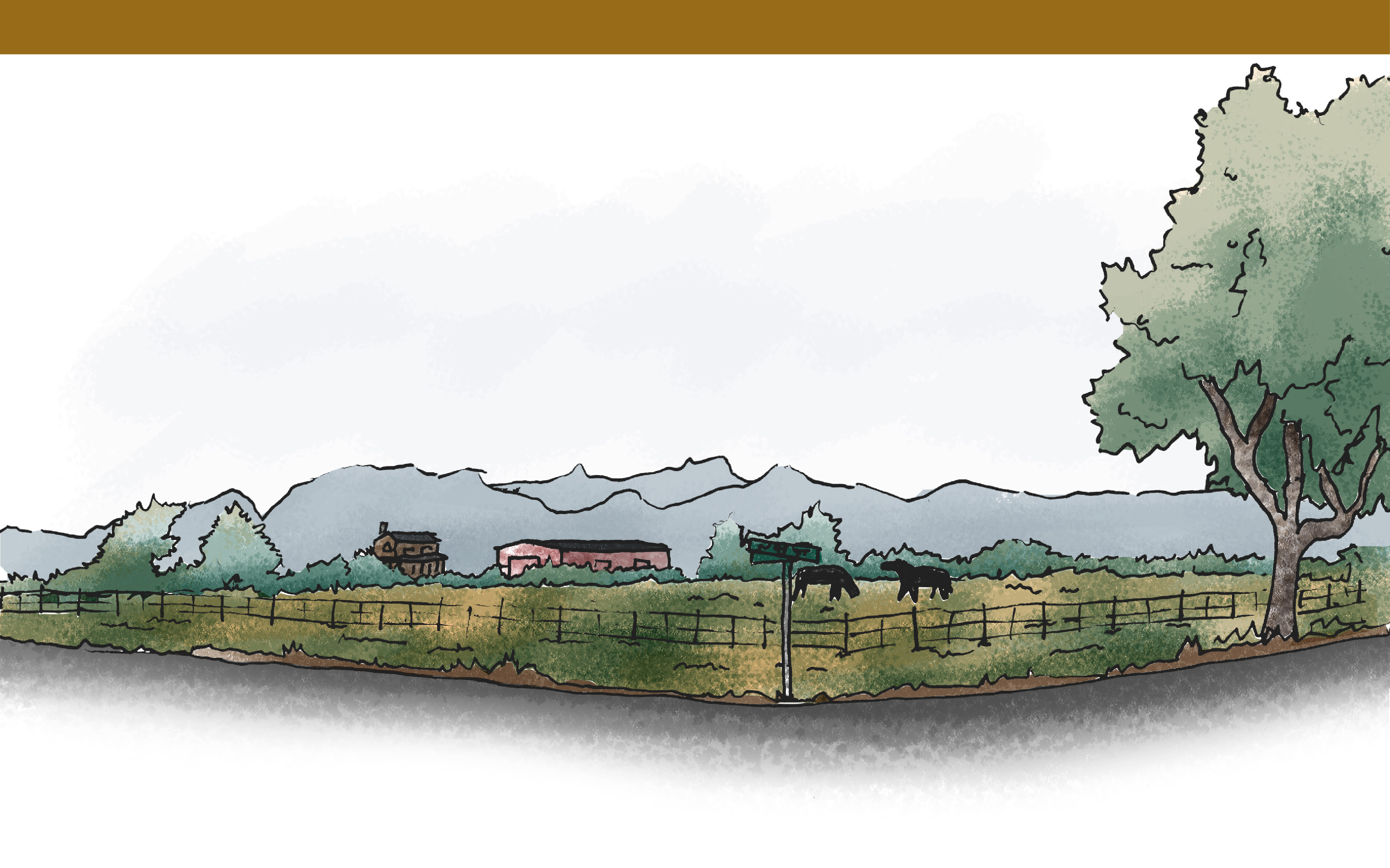 Sketch of a street corner with a pasture with horses in it and a barn and a farm house in the background. 