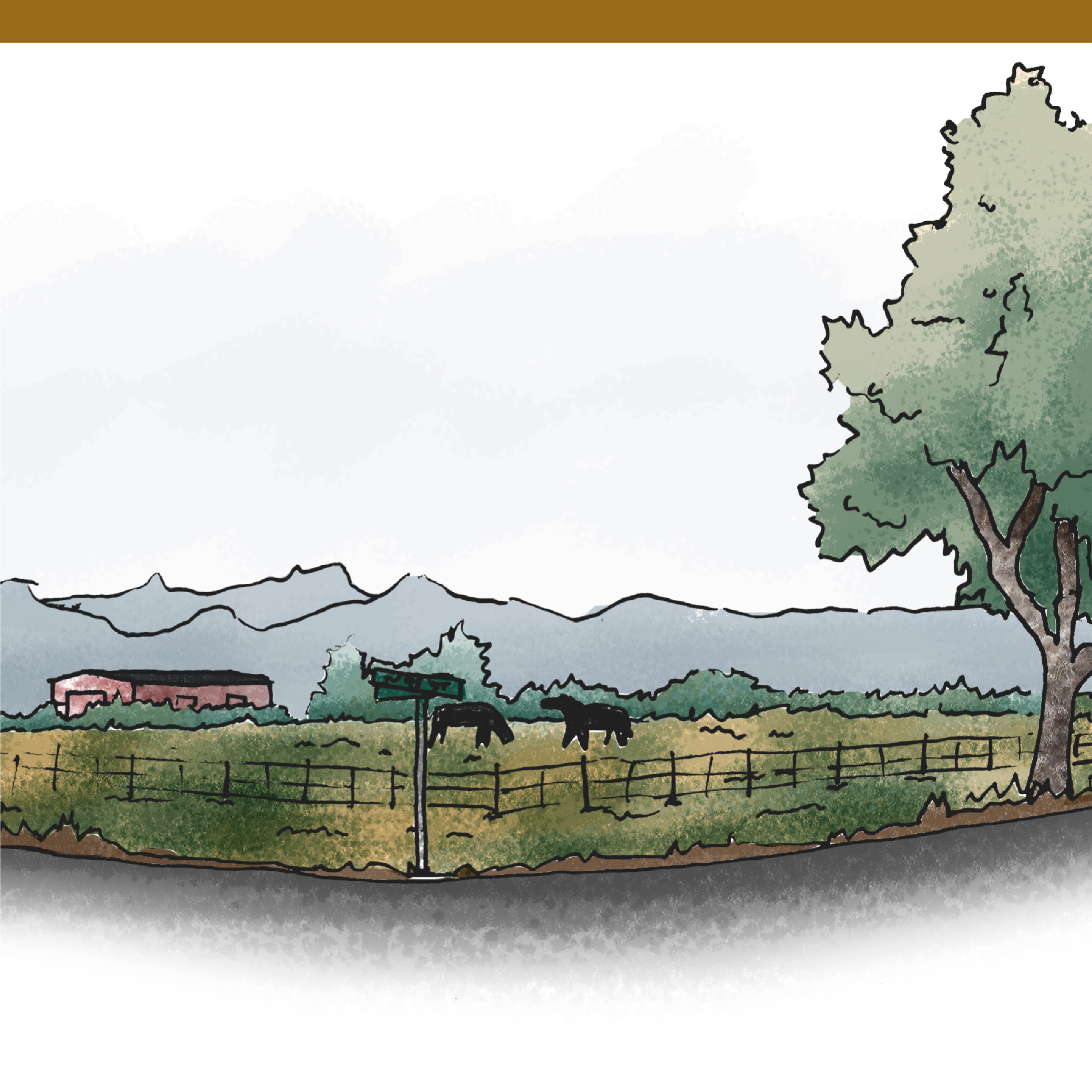Sketch of a street corner with a pasture with horses in it and a barn and a farm house in the background. 