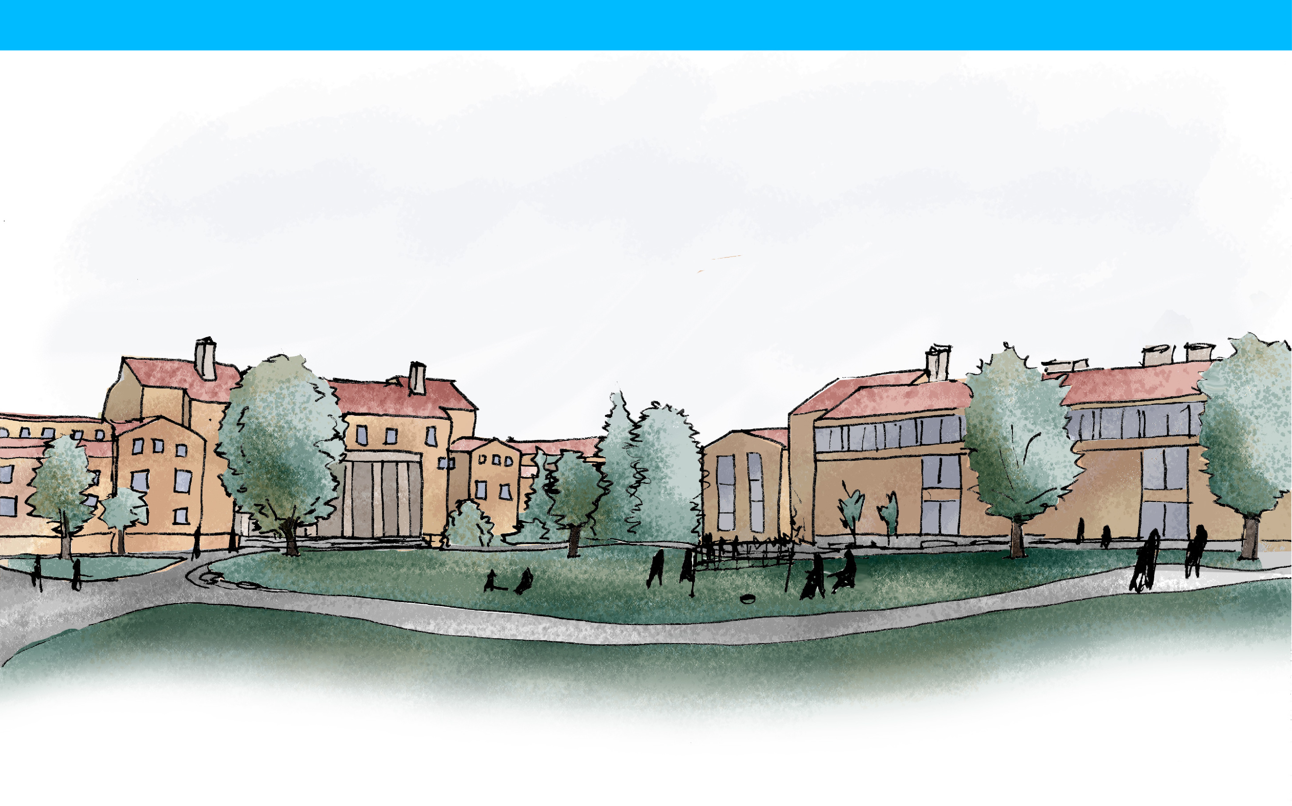 Sketch of university buildings that are three and four stories. There is a lawn with walking paths in front.