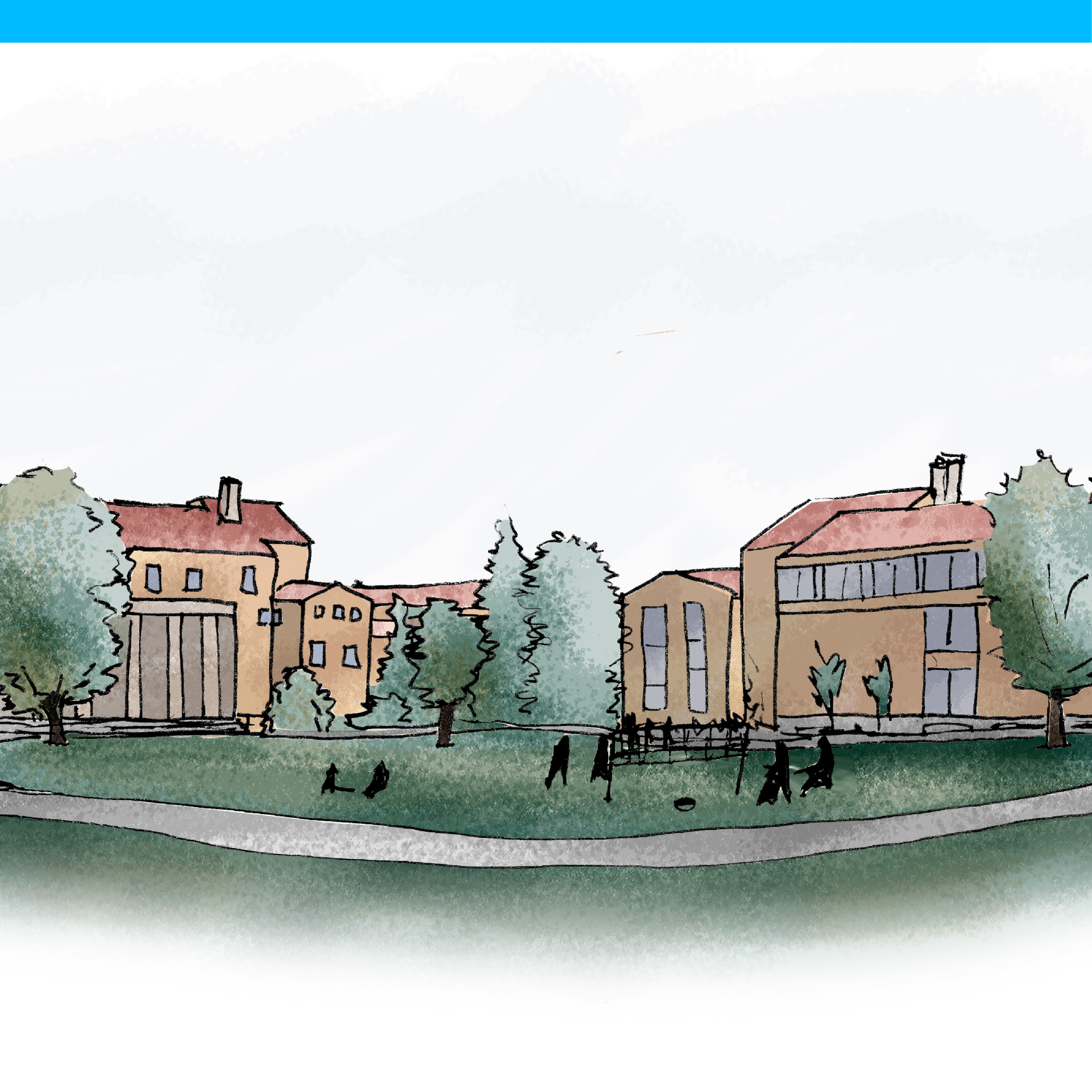 Sketch of university buildings that are three and four stories. There is a lawn with walking paths in front.