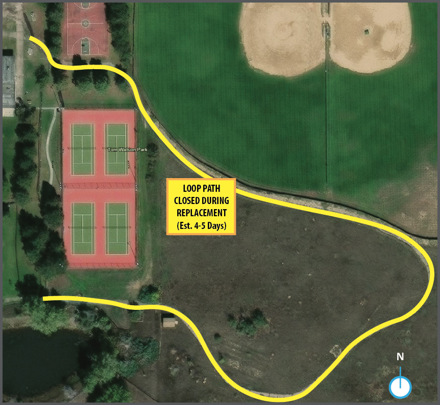 Aerial map showing the section of the existing Tom Watson Park loop path highlighted in yellow that will be closed during path replacement construction.