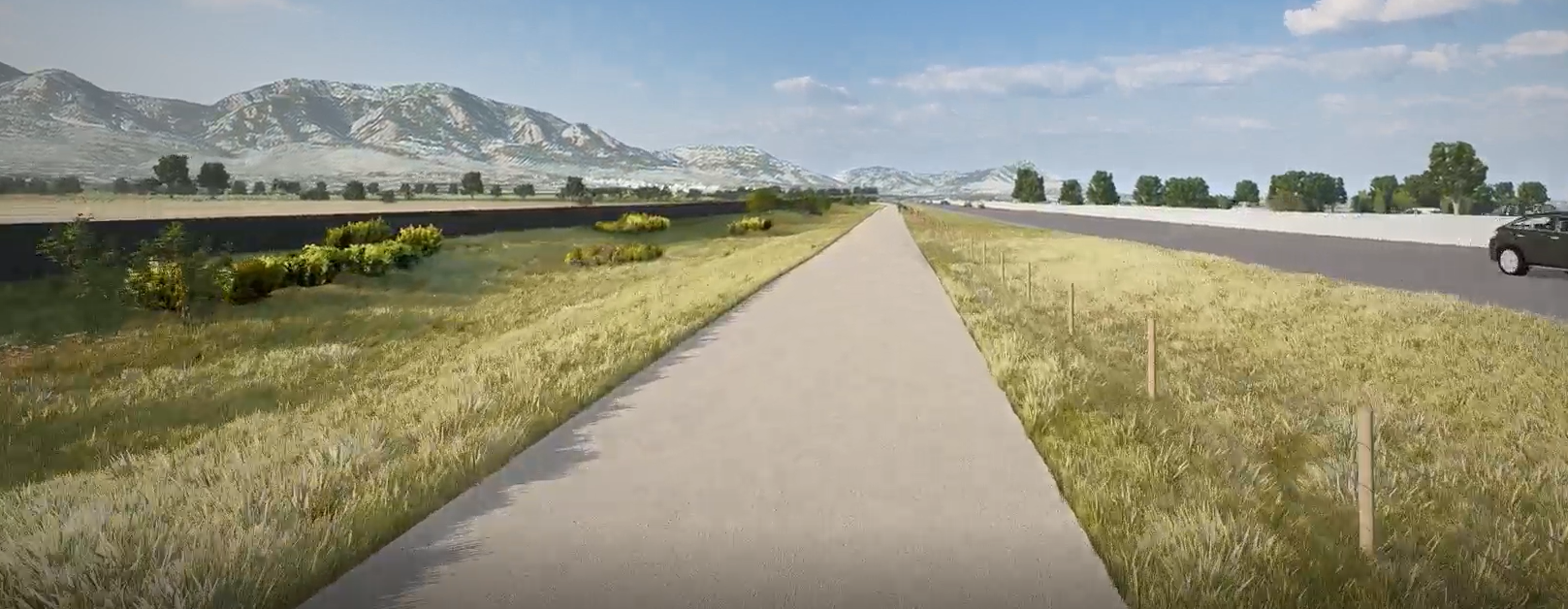 A rendering of what you would see from the multi-use path on the south side of US36. On the right is the highlway, and to the left of the path is the spillway wall. 