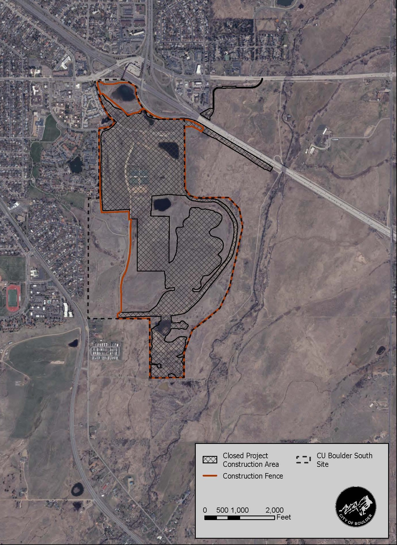 CU Boulder South map showing the site border, fence line and construction area
