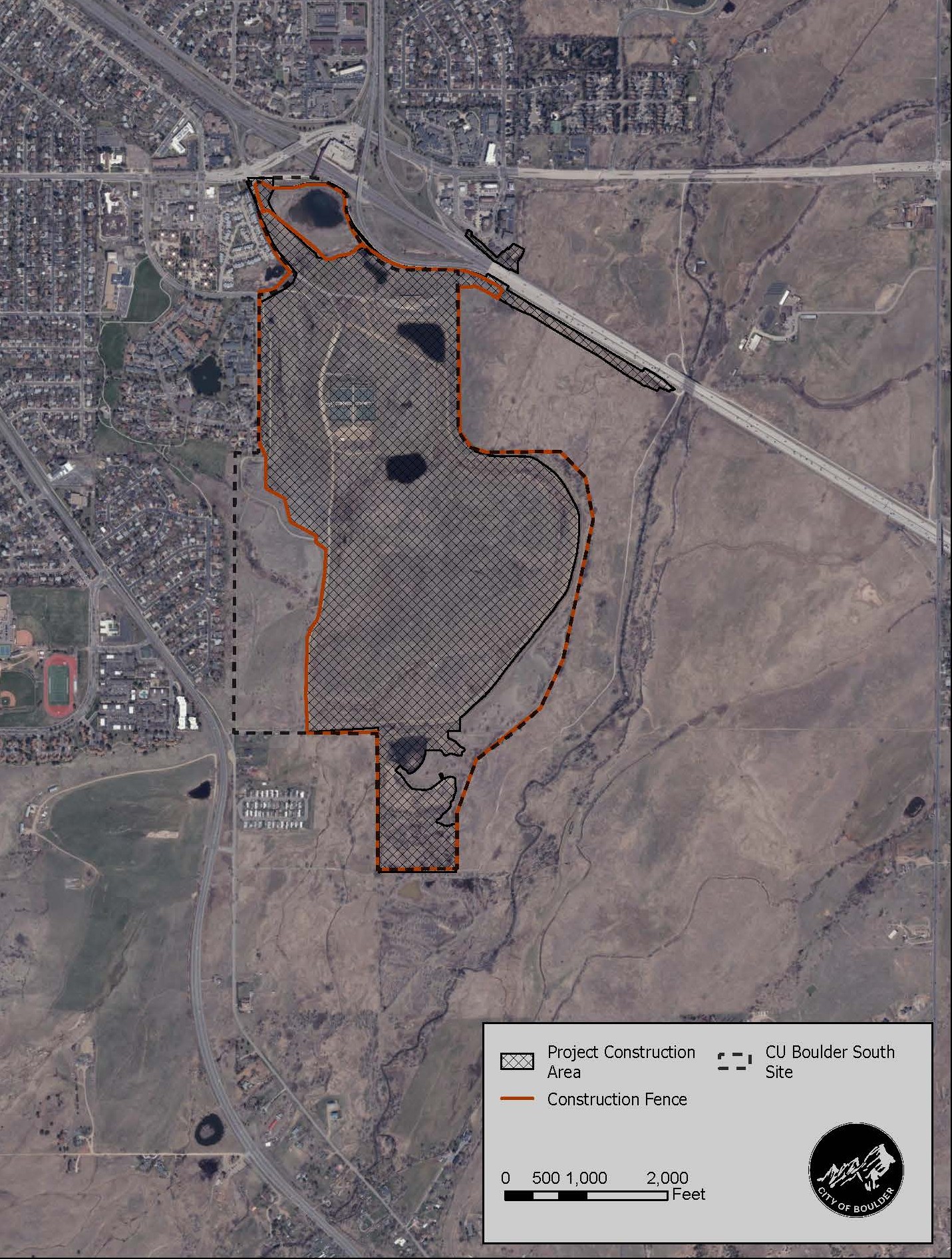 CU Boulder South map showing the site border, fence line and construction area