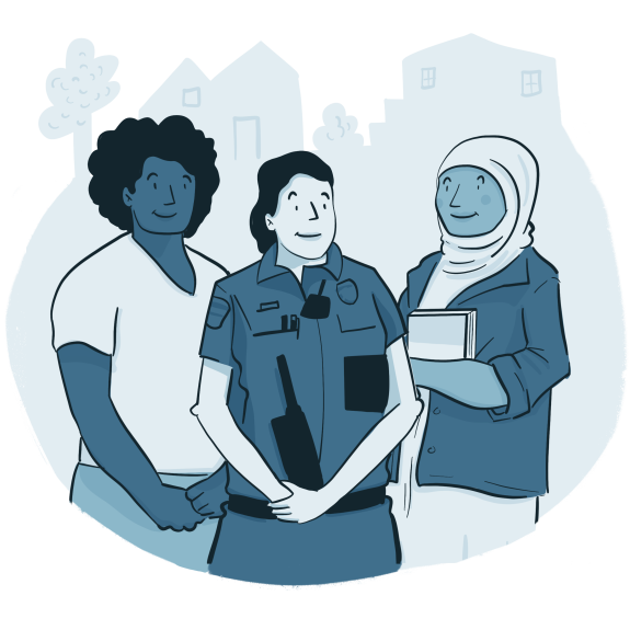 Illustration of three smiling community members — a man in a t-shirt, a uniformed officer with a radio, and a woman in a hijab holding books.
