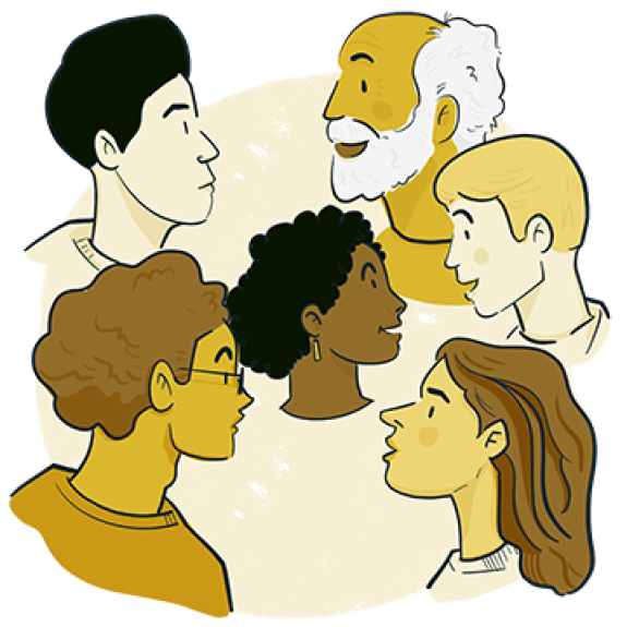 Illustration of community members in conversation.