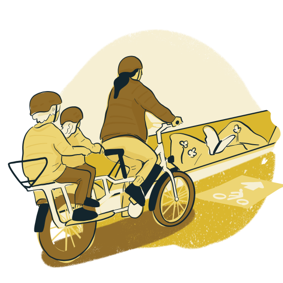 Illustration of woman and children on bicycle
