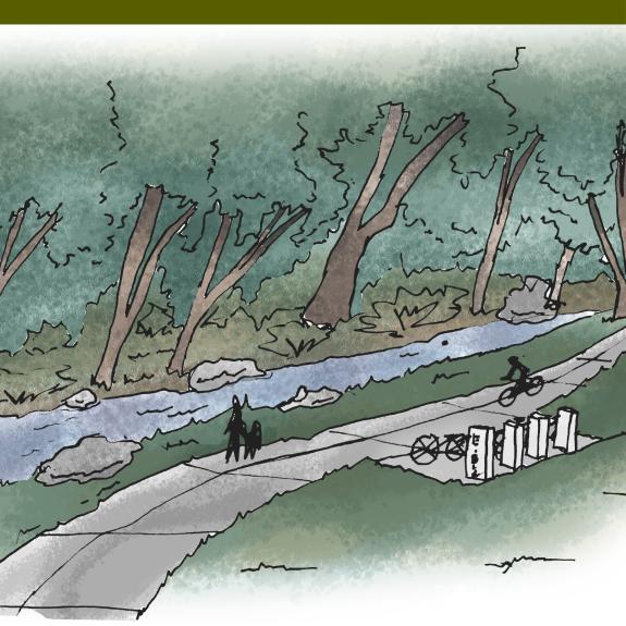 Sketch of a creek with trees on one side and a walking and bike path on the other. It includes a bike parking station. 