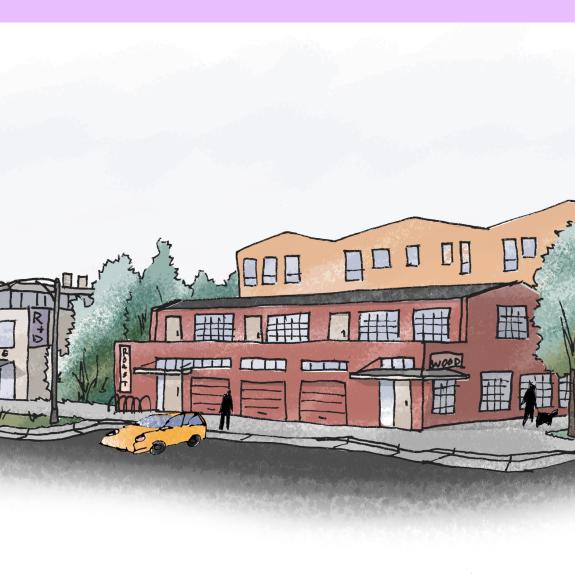Sketch of a street corner with buildings that are two to four stories. One building has a tall first floor with garage doors and residential above it. The other buildings have floors of varying heights with research and development space and office and other industrial space. 