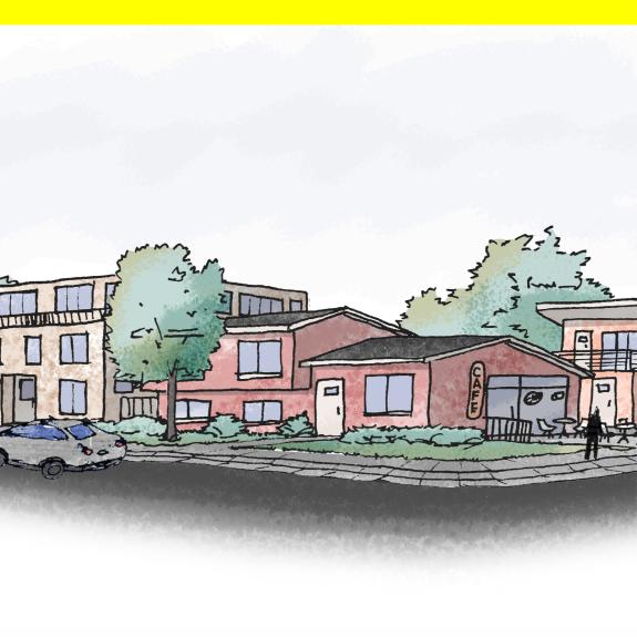 Sketch of a street corner showing two to three story buildings. There are a mix of housing types and a garage that has been converted into a cafe.