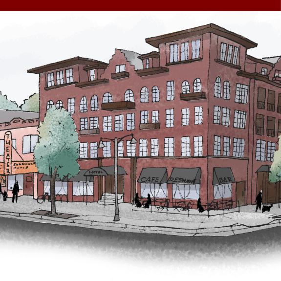 Sketch of a street corner with a five story building taking up most of the frame, then a mix of 2 and three story buildings. There is a cafe with outdoor seating, a theater, and a retail store on the ground floors with a mix of offices and apartments on upper stories. 