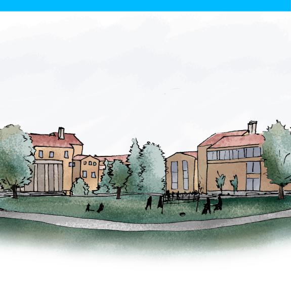 Sketch of university buildings that are three and four stories. There is a lawn with walking paths in front.