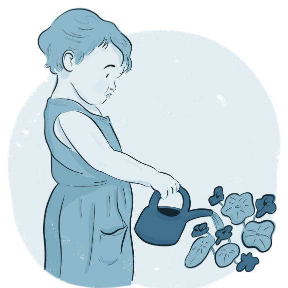 Illustration of a girl watering flowers