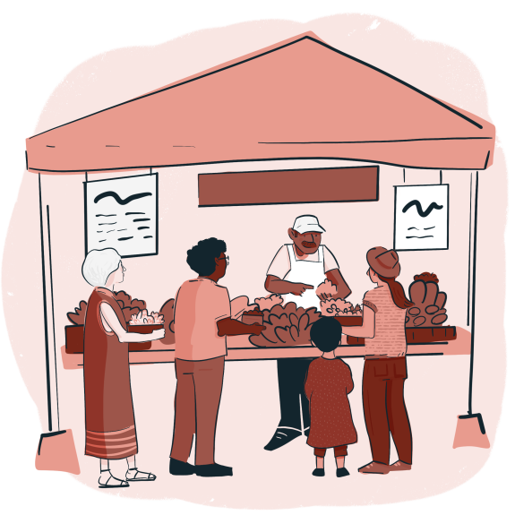Illustration of people crowded around a vendor