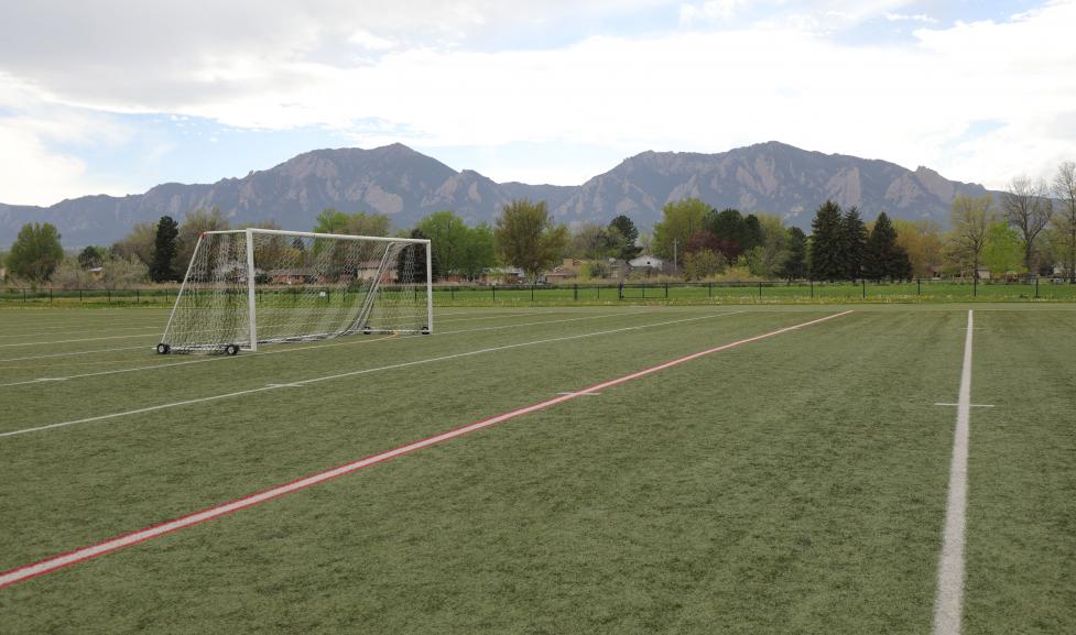 grassy turf field with soccer goal and mountains in the background