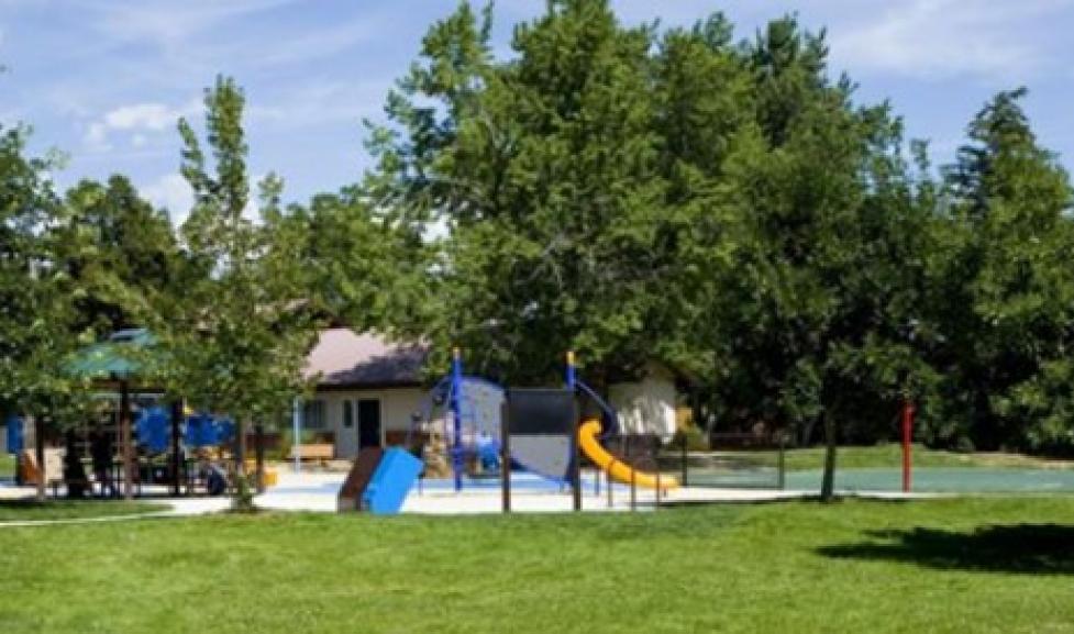 green lawn leading up to playground and trees