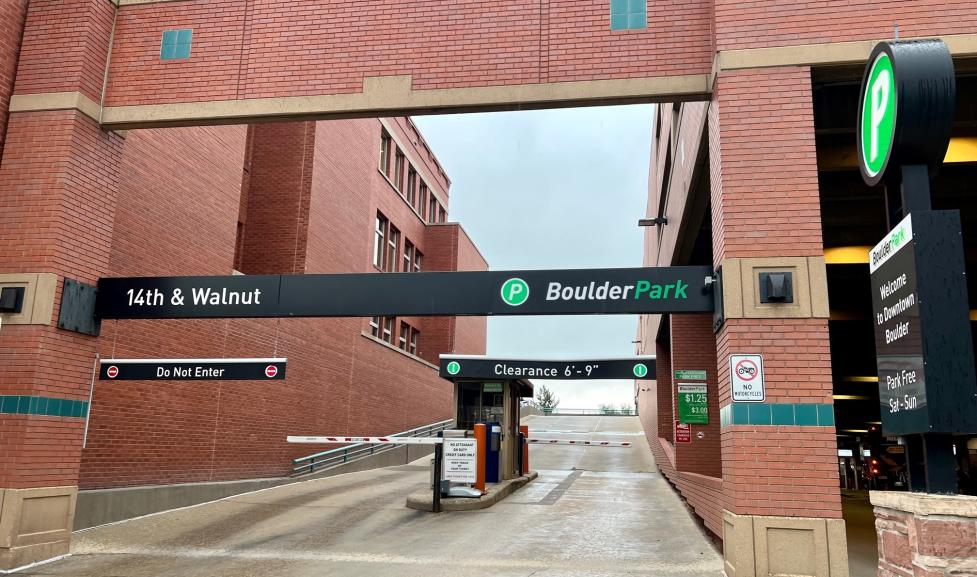 14th and Walnut city parking garage entrance July 2023