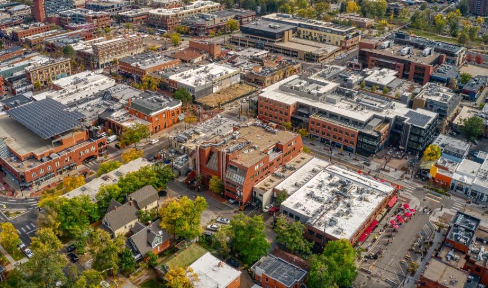 aerial view of downtown boulder around pearl street showing shops and businesses