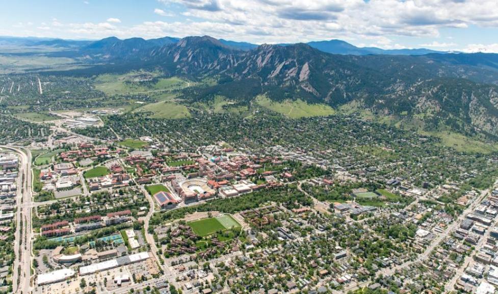 aerial view of boulder overlooking neighborhoods and the flatirons