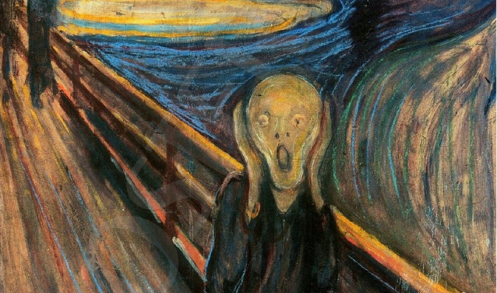 Abstract painting of man screaming and holding his face