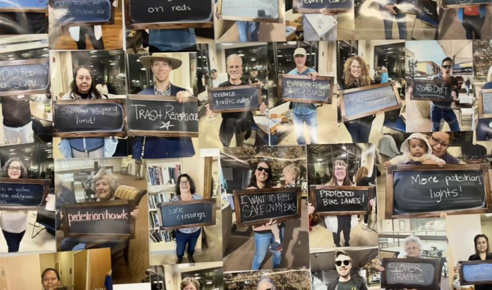 A collage of photos of dozens of people holding up chalkboard signs with messages about what they care about for north 30th street travel improvements. 