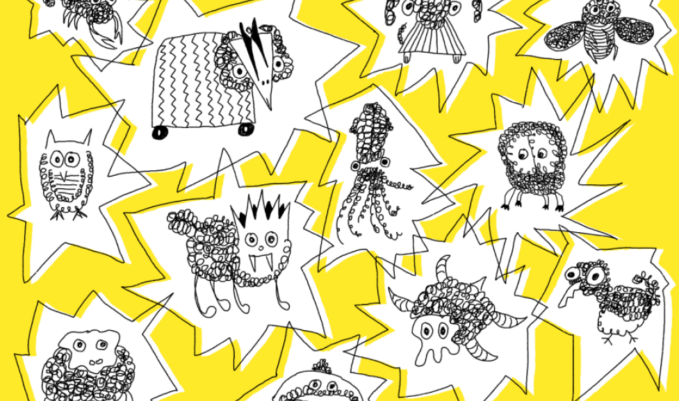 Cartoon sketched animals against yellow background