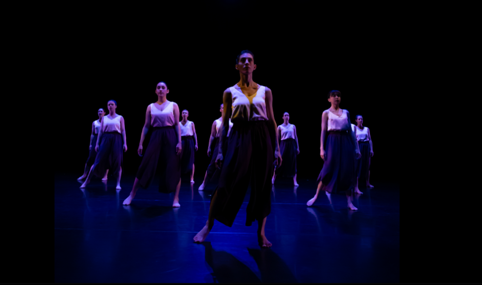 Ten female dancers with white tank tops and black pants pose on stage with one leg out to the side