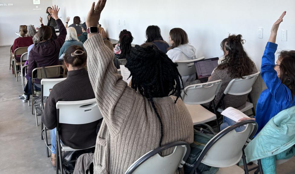 Twenty people sit in rows of chairs facing a presenter. Three people are raising their hands.