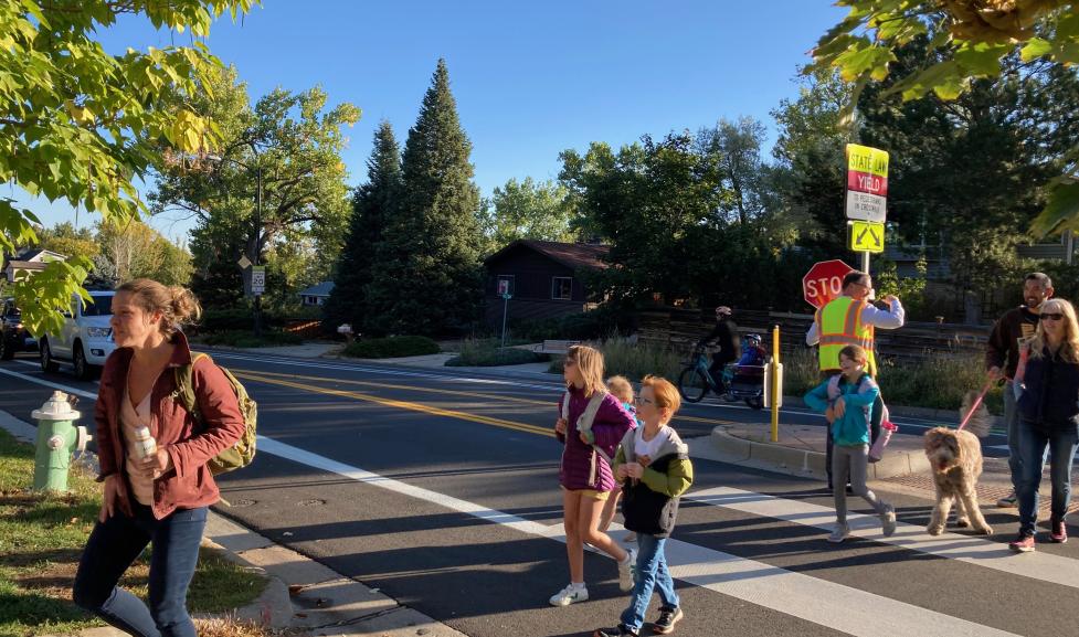 Children, adults and pets crossing a street in a crosswalk