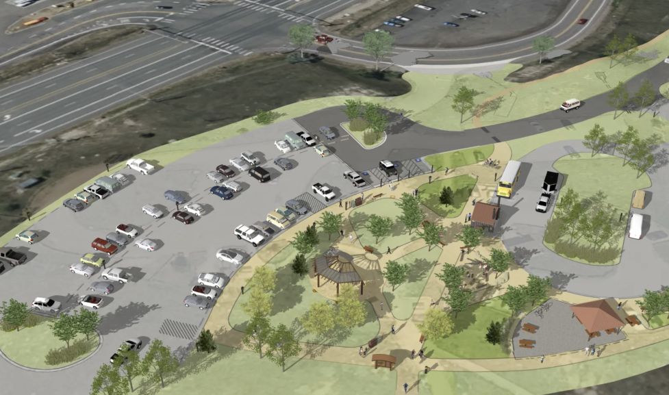 Layout of trailhead with lots of open parking, an area for horse trailer parking and a large shaded area. 