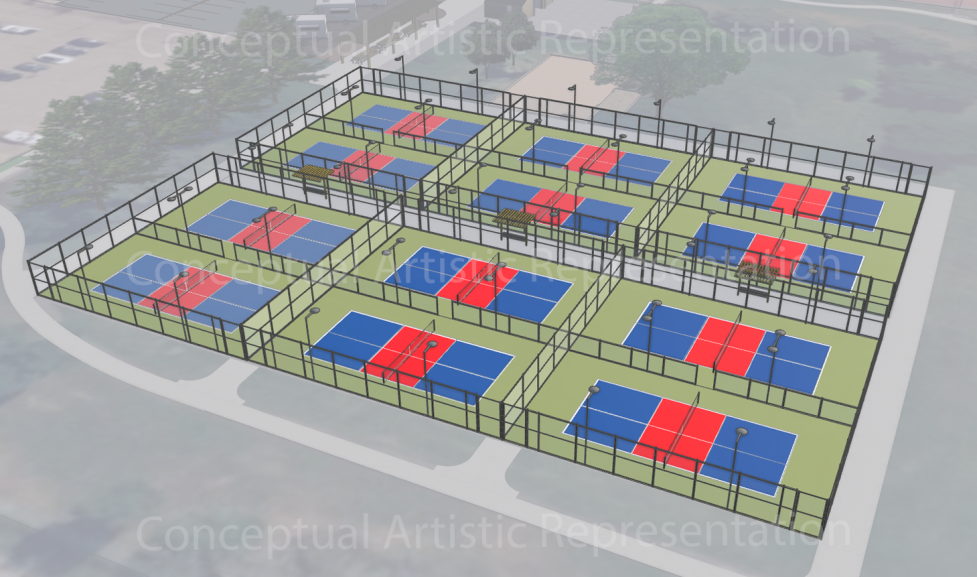 Conceptual Artistic Representation of 12 Outdoor Pickleball Courts Located at Tom Watson Park