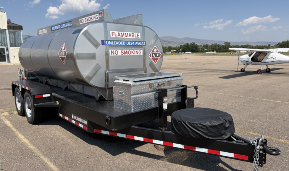 Large unleaded avgas tank mounted on a trailer