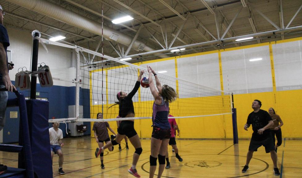 two volley players blocking a pass at the net