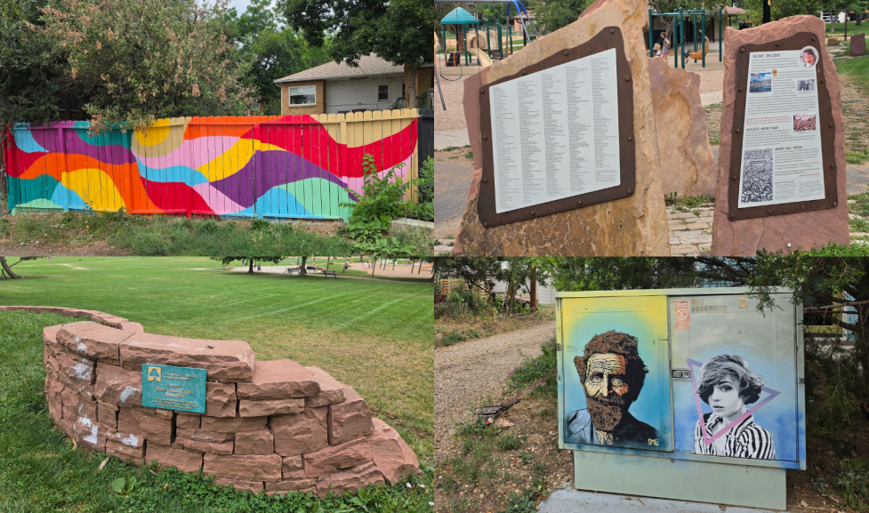 North Boulder Park collage of mural fence, plaques and artwork