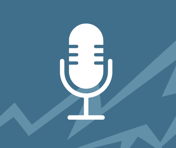 Podcast icon over Flatirons graphic with blue background 