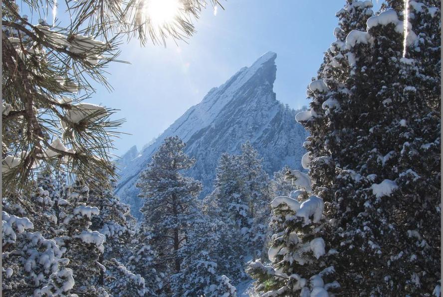 Snowy trail through pine trees with a side view of the 3rd Flatiron straight ahead