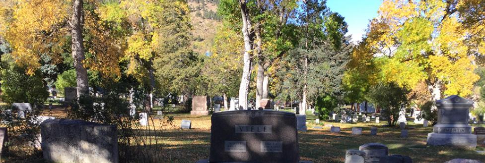 headstones with a background of trees with fall colors