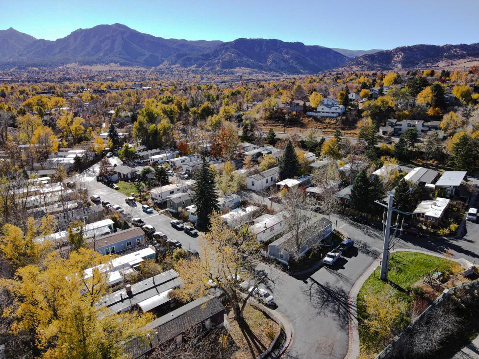Aerial view of Mapleton mobile home park, Flatirons in the background