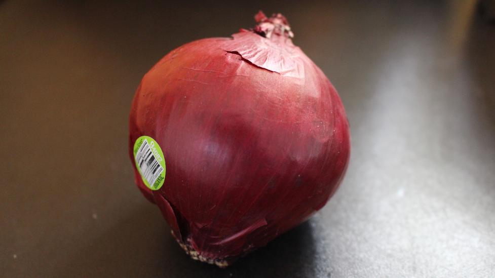 Red onion with produce sticker on it. 